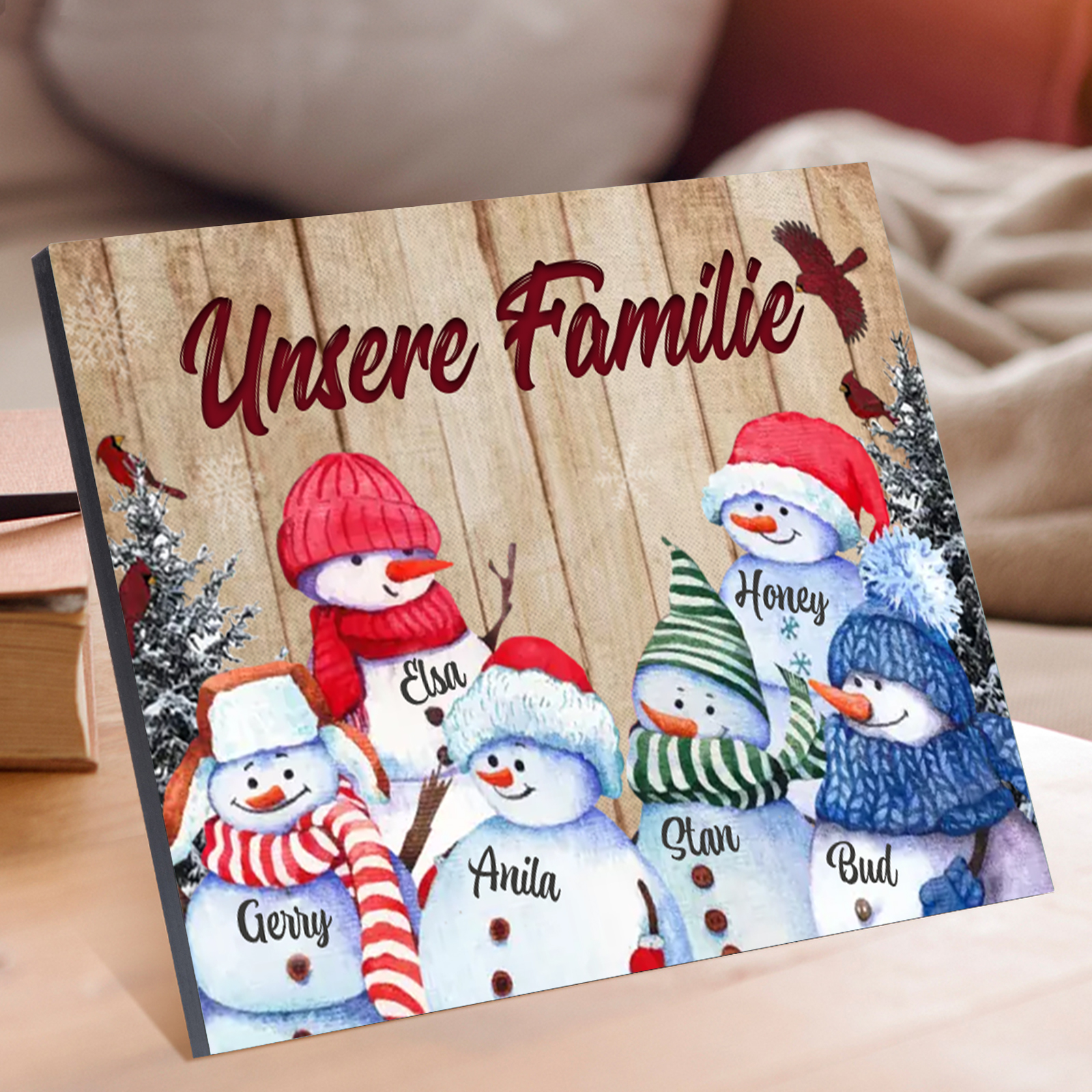 Personalisierte 6 Namen & Text Familie Holzbild mit Schneemann-Holzdekoration Geschenk für Familie