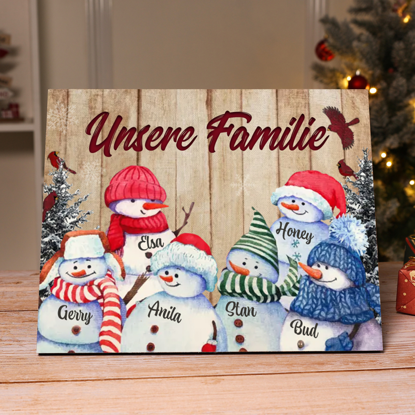 Personalisierte 6 Namen & Text Familie Holzbild mit Schneemann-Holzdekoration Geschenk für Familie