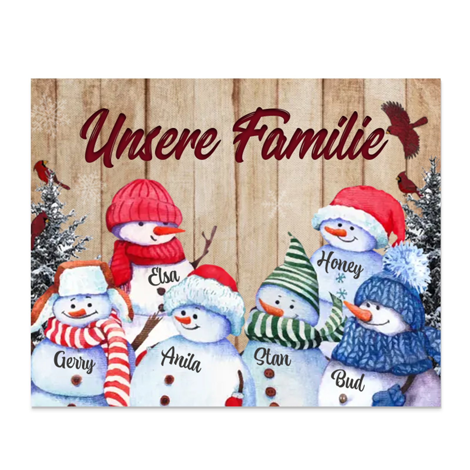 Personalisierte 6 Namen & Text Familie Holzbild mit Schneemann-Holzdekoration Geschenk für Familie