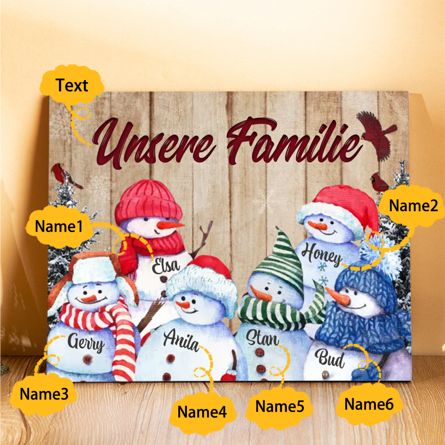 Personalisierte 6 Namen & Text Familie Holzbild mit Schneemann-Holzdekoration Geschenk für Familie