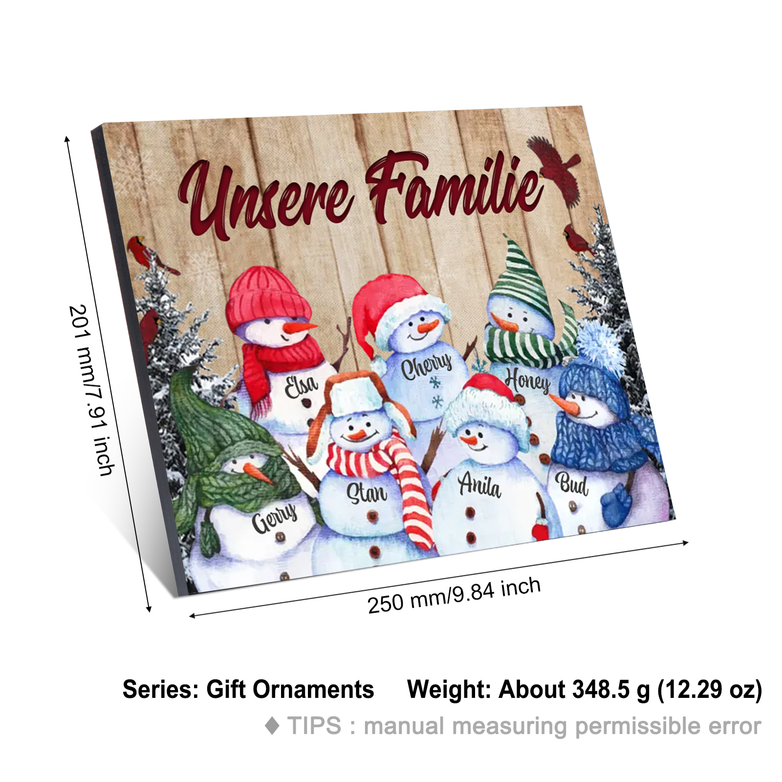 Personalisierte 7 Namen & Text Familie Holzbild mit Schneemann-Holzdekoration Geschenk für Familie