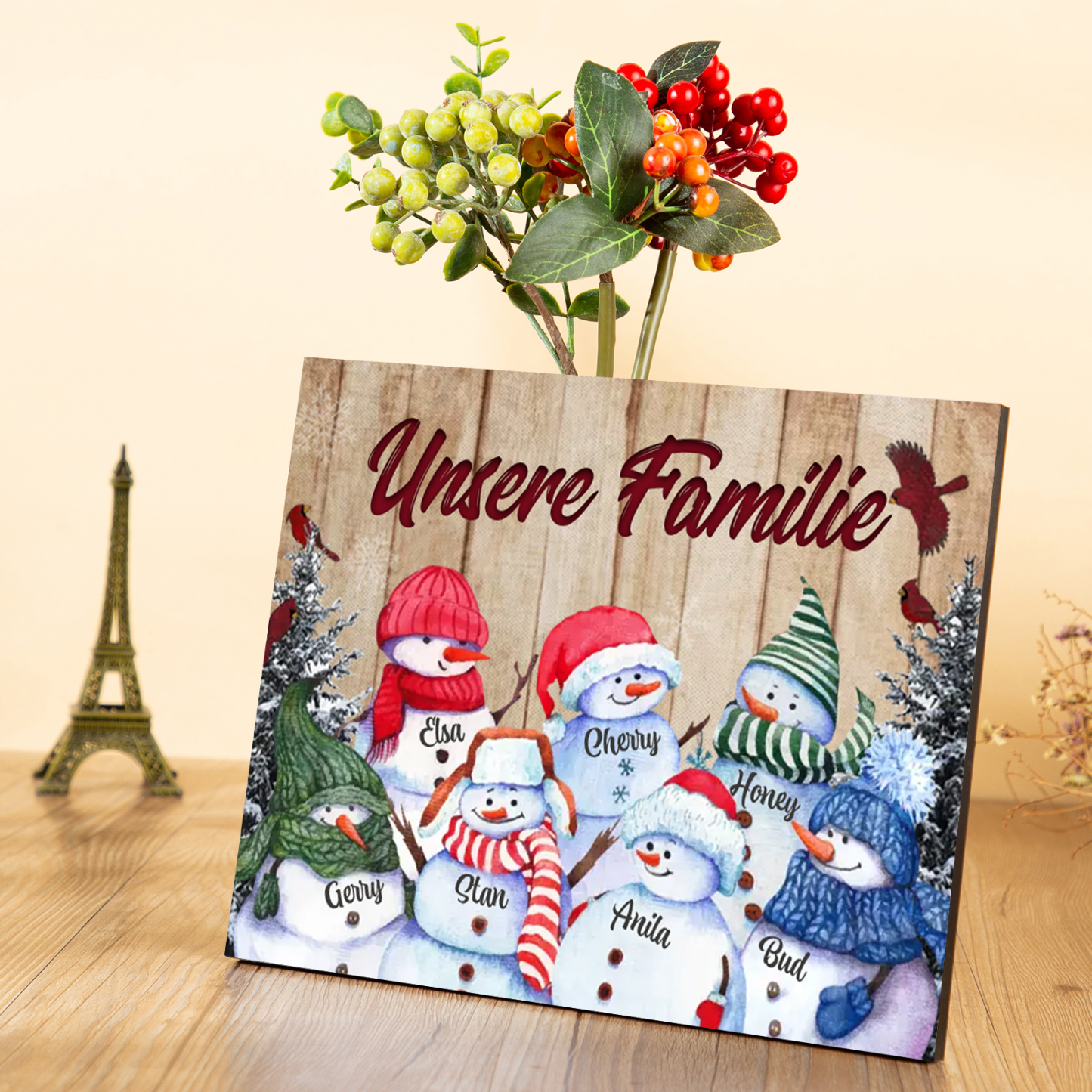 Personalisierte 7 Namen & Text Familie Holzbild mit Schneemann-Holzdekoration Geschenk für Familie