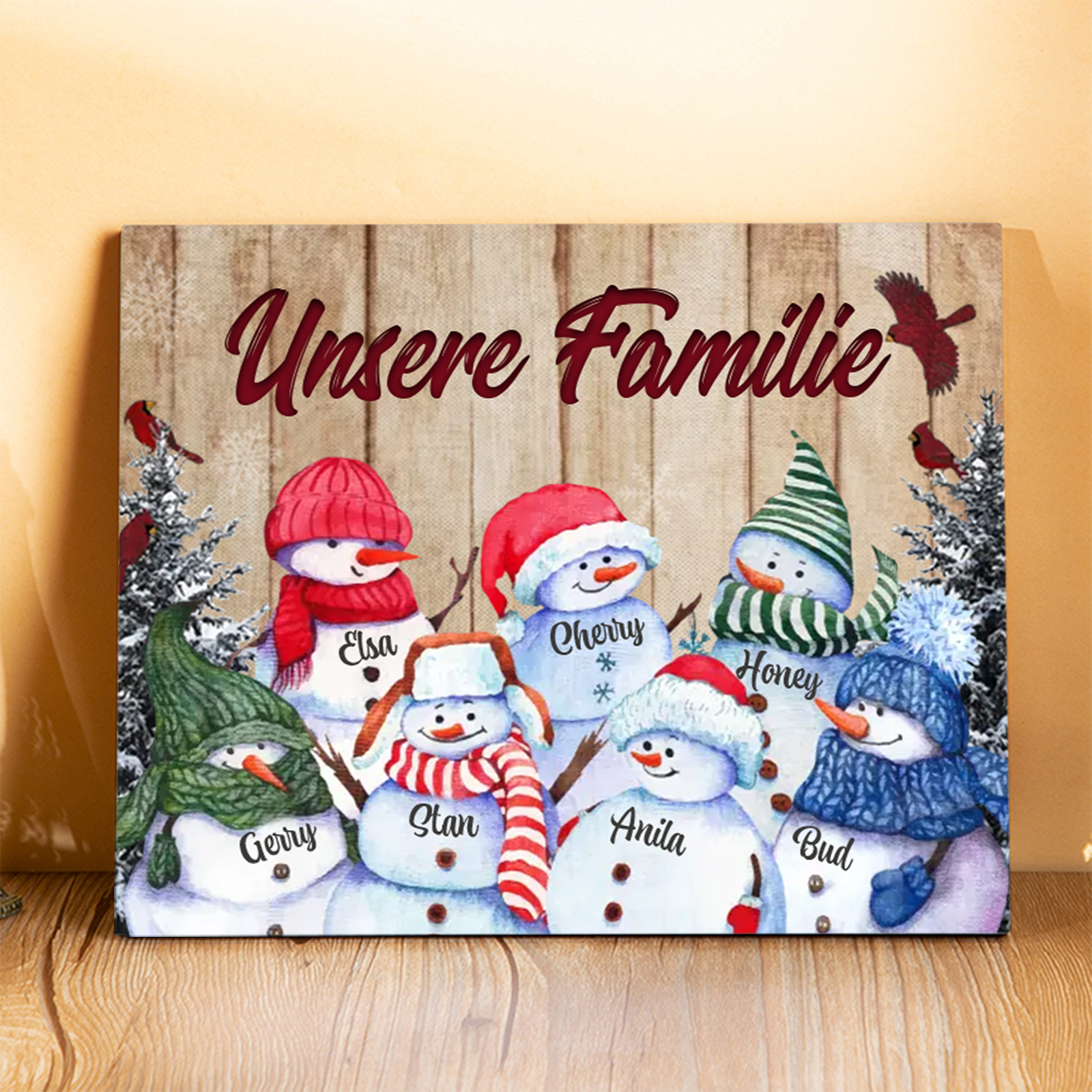 Personalisierte 7 Namen & Text Familie Holzbild mit Schneemann-Holzdekoration Geschenk für Familie