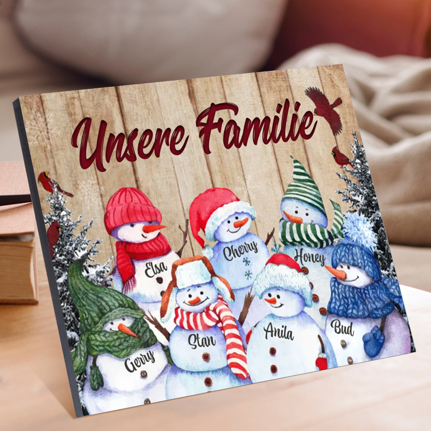 Personalisierte 7 Namen & Text Familie Holzbild mit Schneemann-Holzdekoration Geschenk für Familie