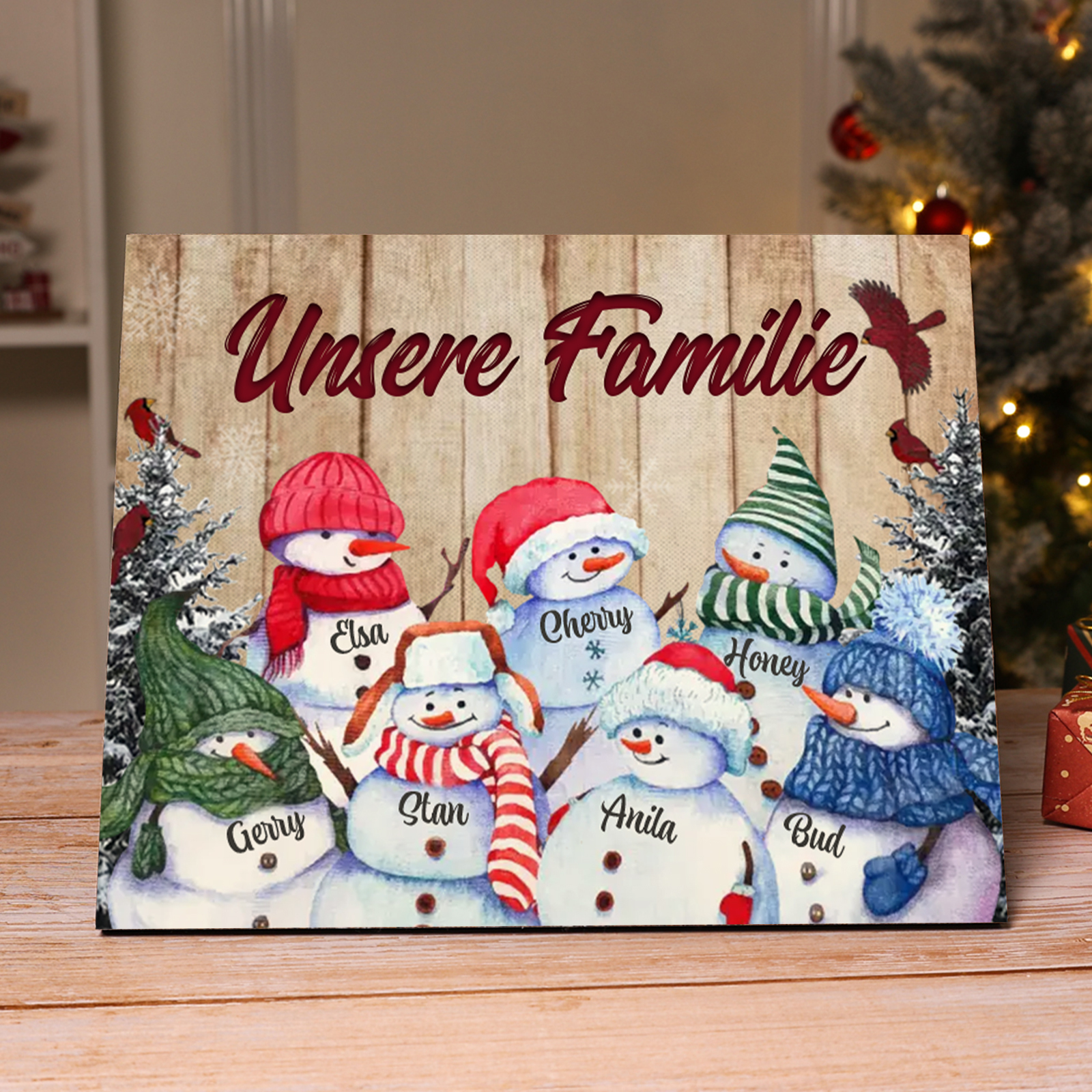 Personalisierte 7 Namen & Text Familie Holzbild mit Schneemann-Holzdekoration Geschenk für Familie