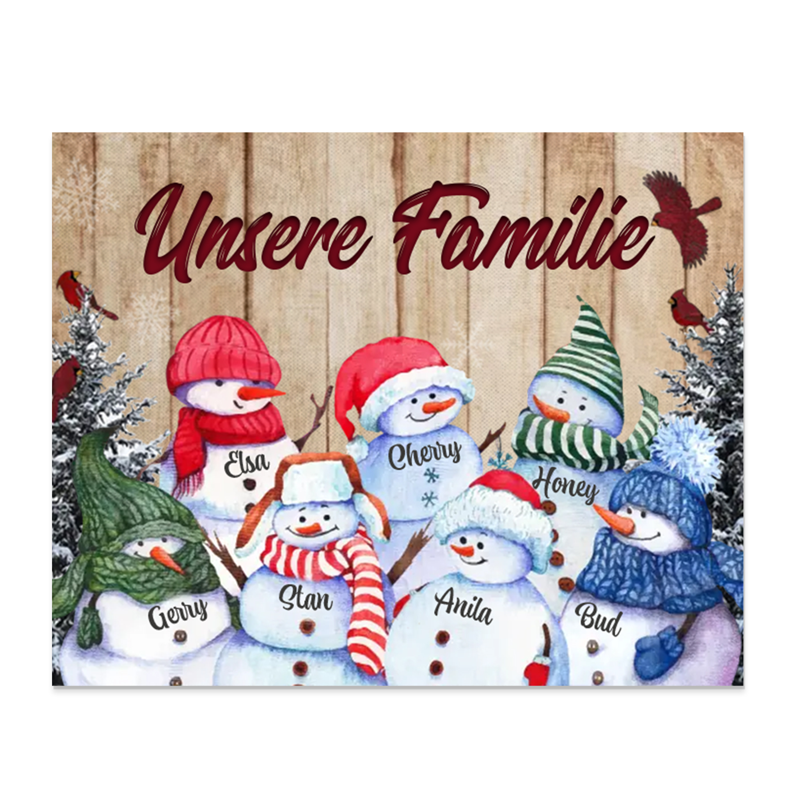 Personalisierte 7 Namen & Text Familie Holzbild mit Schneemann-Holzdekoration Geschenk für Familie