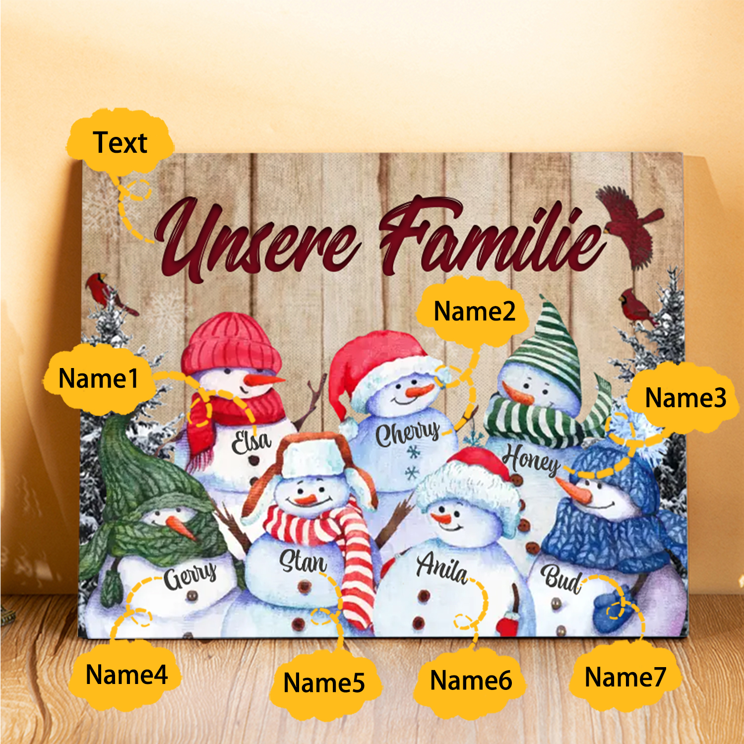 Personalisierte 7 Namen & Text Familie Holzbild mit Schneemann-Holzdekoration Geschenk für Familie