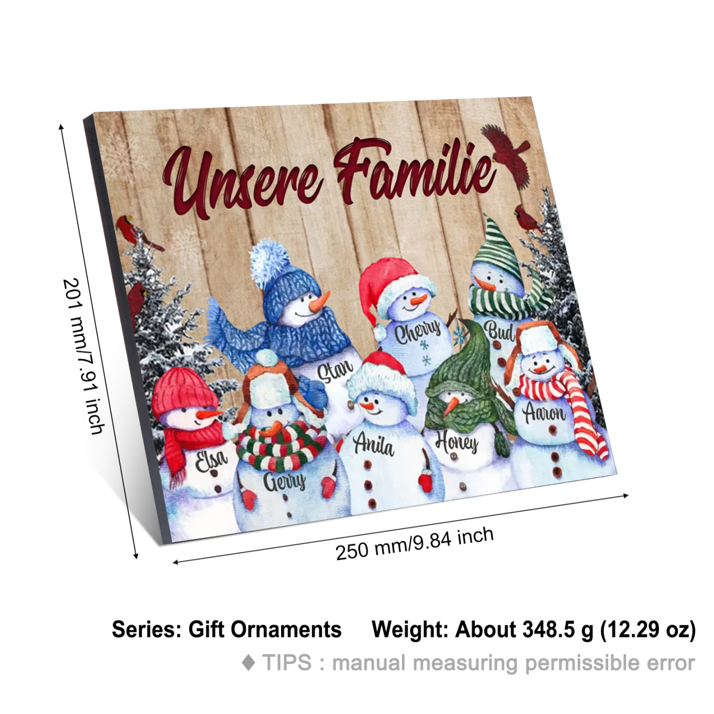 Personalisierte 8 Namen & Text Familie Holzbild mit Schneemann-Holzdekoration Geschenk für Familie