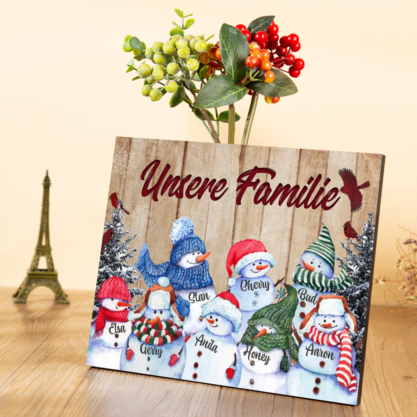 Personalisierte 8 Namen & Text Familie Holzbild mit Schneemann-Holzdekoration Geschenk für Familie