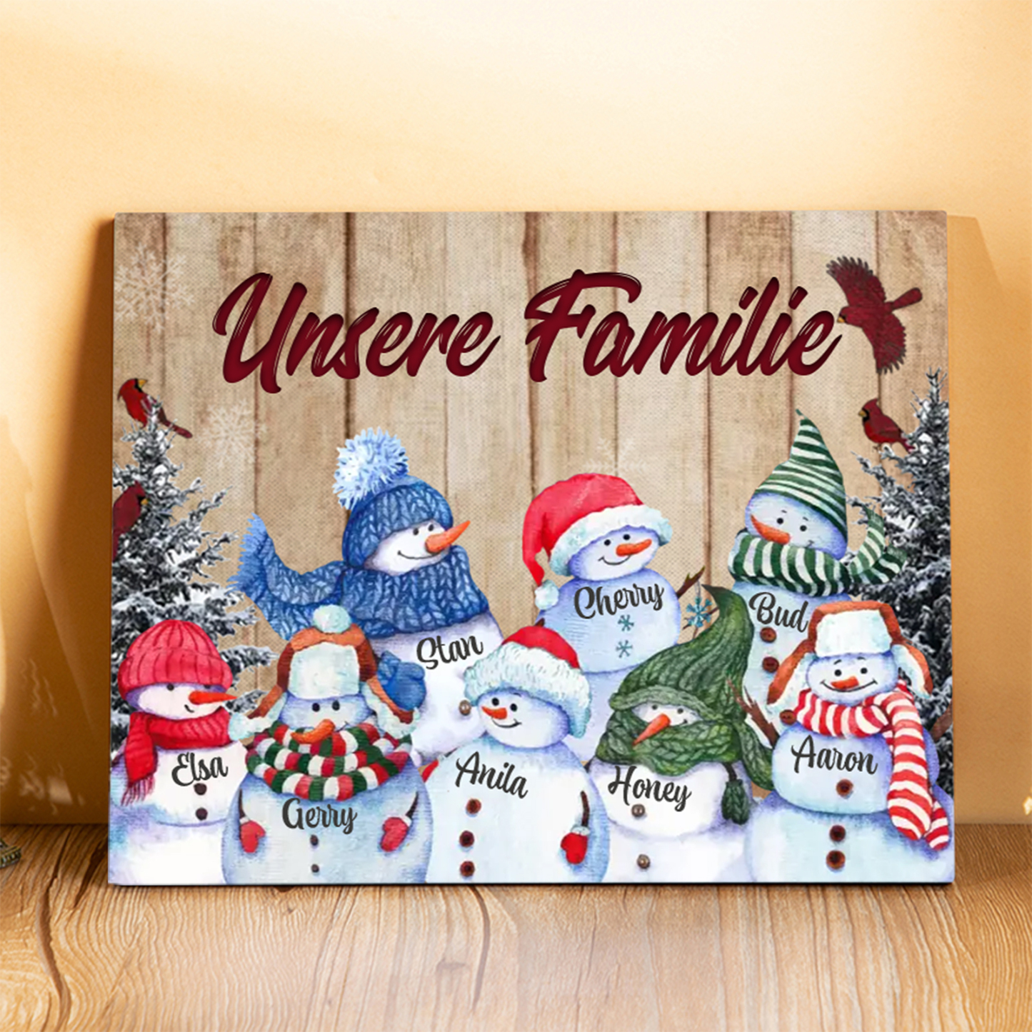 Personalisierte 8 Namen & Text Familie Holzbild mit Schneemann-Holzdekoration Geschenk für Familie