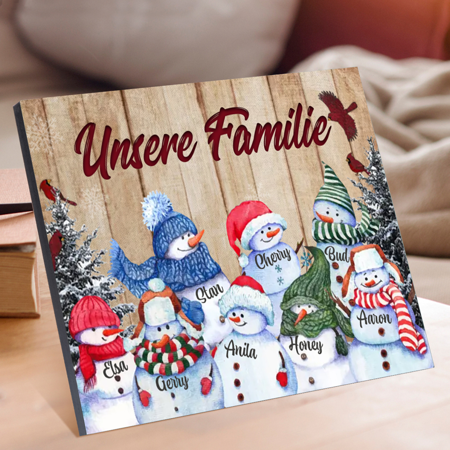 Personalisierte 8 Namen & Text Familie Holzbild mit Schneemann-Holzdekoration Geschenk für Familie