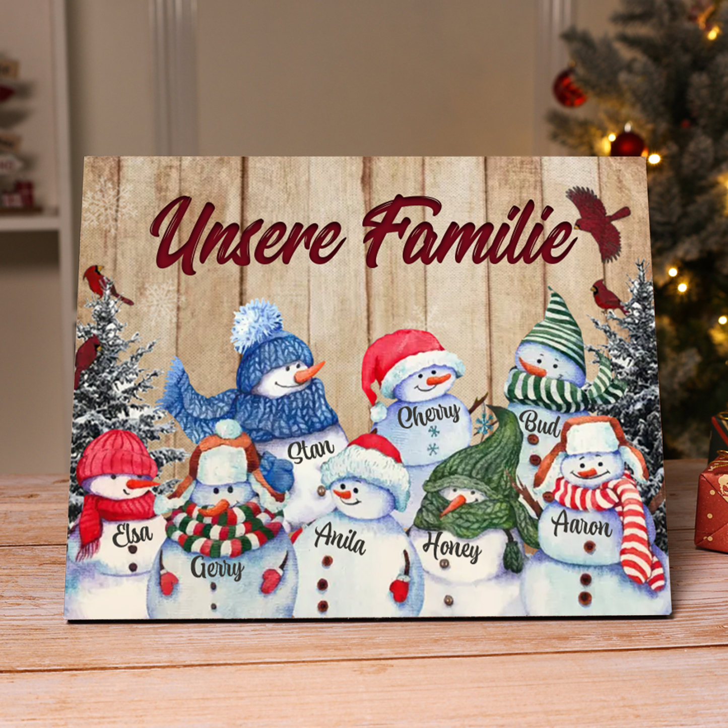 Personalisierte 8 Namen & Text Familie Holzbild mit Schneemann-Holzdekoration Geschenk für Familie