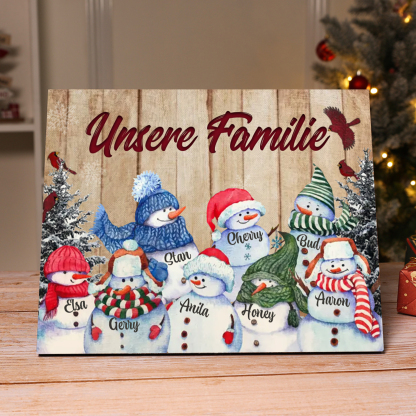 Personalisierte 8 Namen & Text Familie Holzbild mit Schneemann-Holzdekoration Geschenk für Familie
