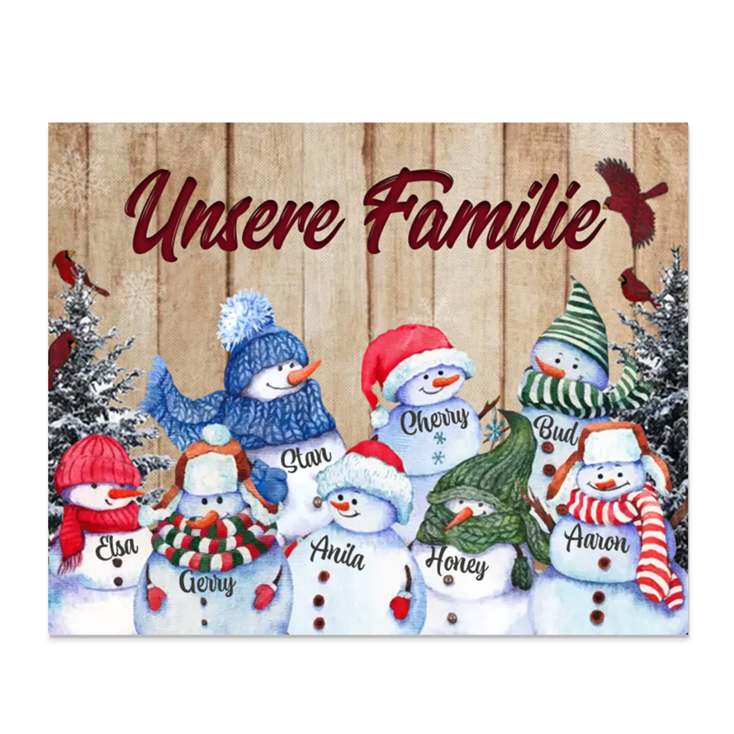 Personalisierte 8 Namen & Text Familie Holzbild mit Schneemann-Holzdekoration Geschenk für Familie