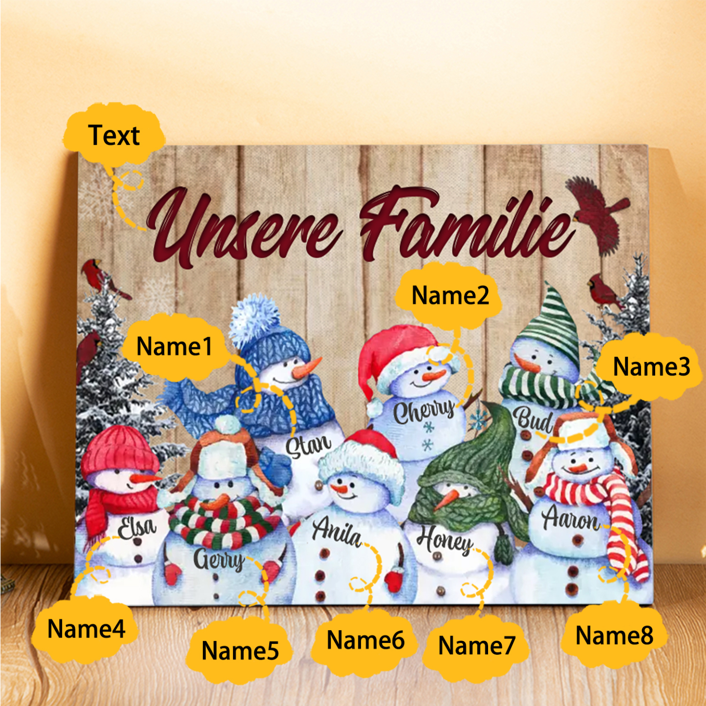 Personalisierte 8 Namen & Text Familie Holzbild mit Schneemann-Holzdekoration Geschenk für Familie