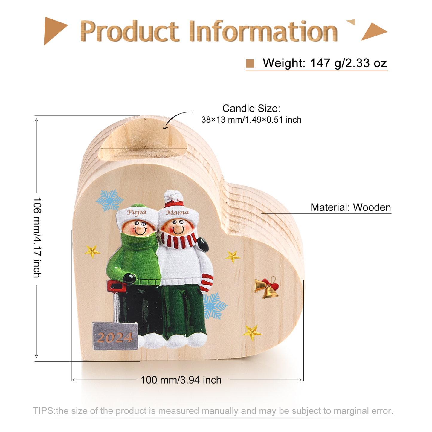 Personalisierte 2 Namen & Jahr Herz-Kerzenhalter – Weihnachtsgeschenk für die Familie