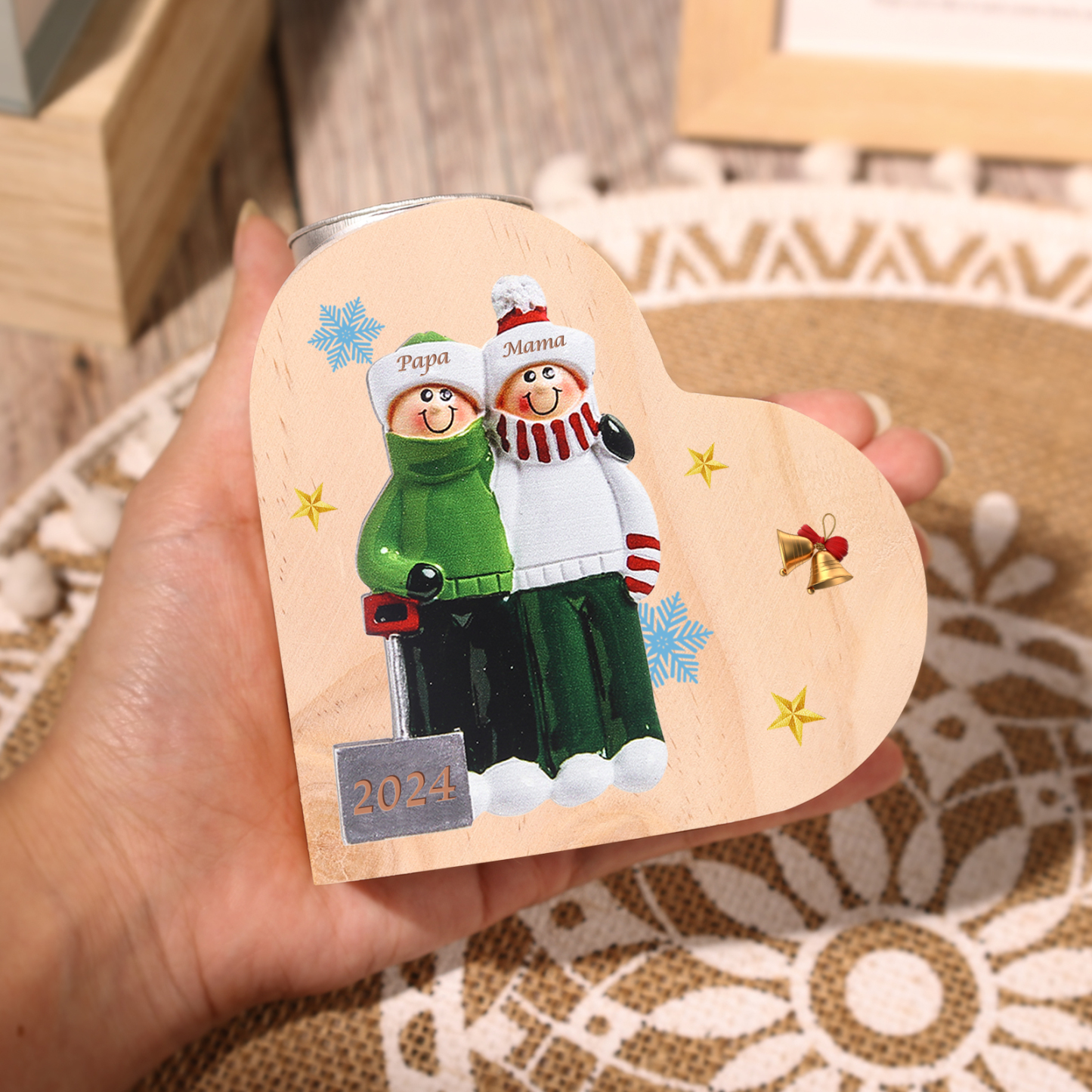 Personalisierte 2 Namen & Jahr Herz-Kerzenhalter – Weihnachtsgeschenk für die Familie