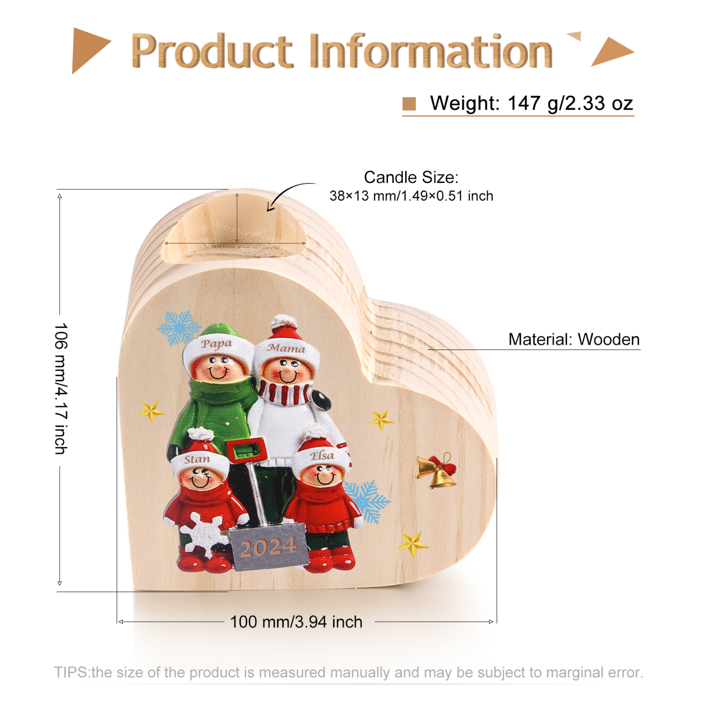 Personalisierte 4 Namen & Jahr Herz-Kerzenhalter – Weihnachtsgeschenk für die Familie