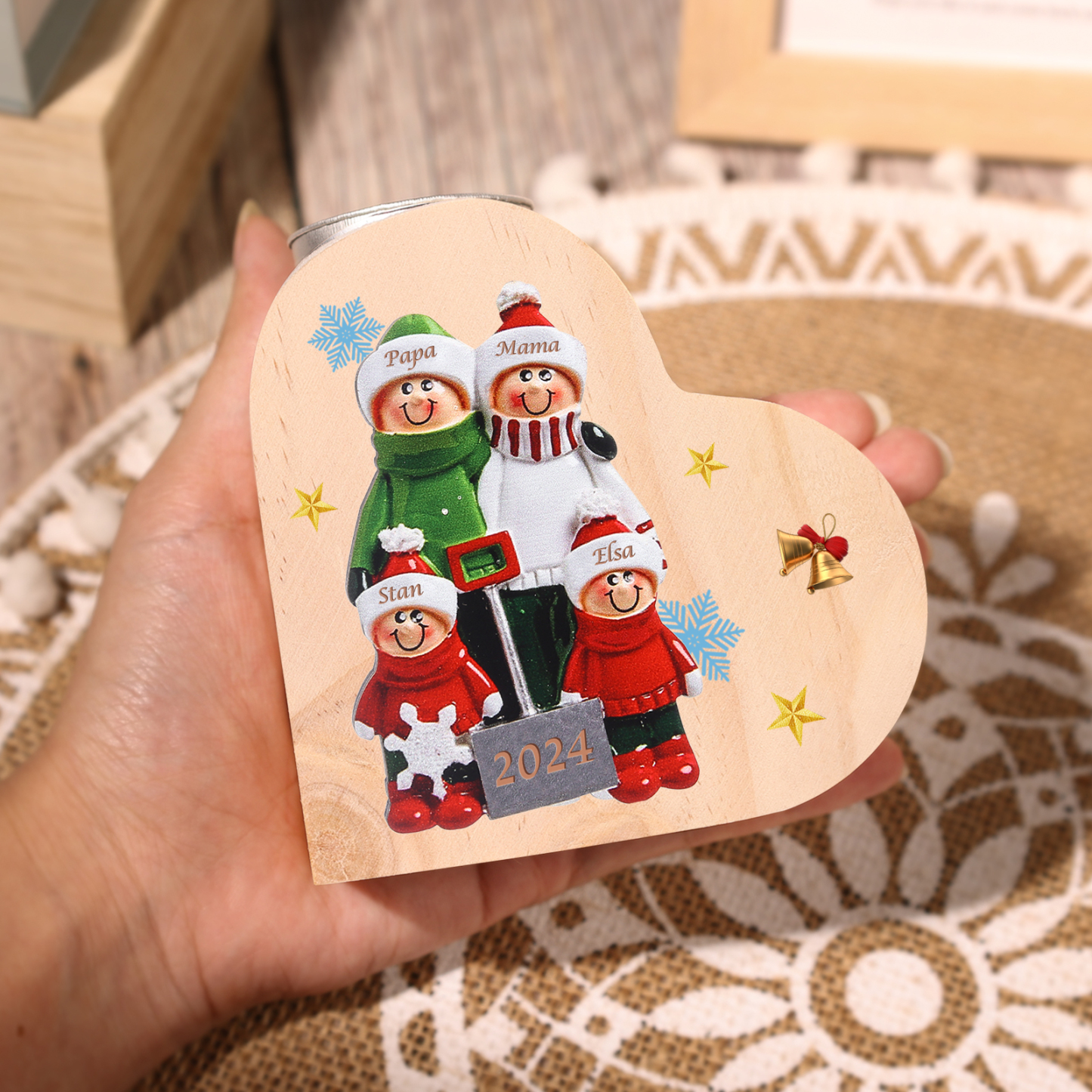 Personalisierte 4 Namen & Jahr Herz-Kerzenhalter – Weihnachtsgeschenk für die Familie