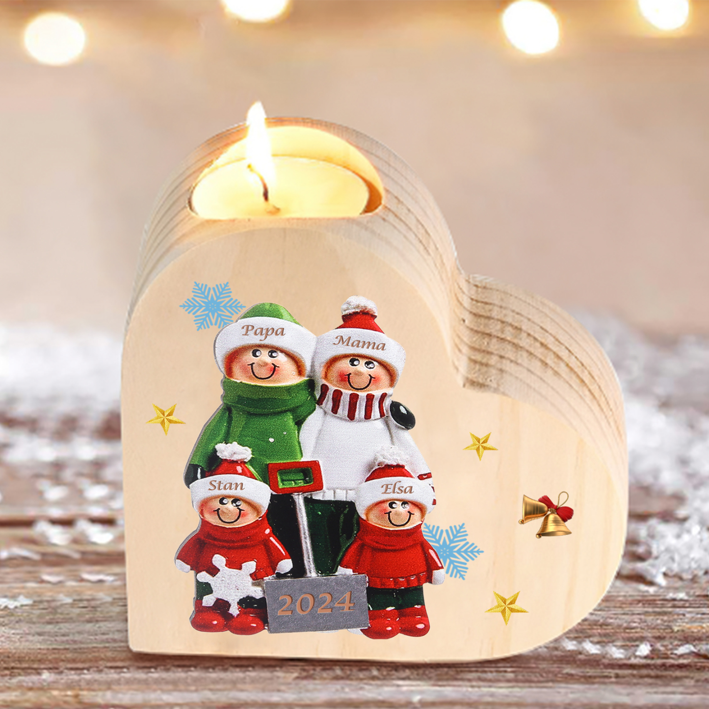 Personalisierte 4 Namen & Jahr Herz-Kerzenhalter – Weihnachtsgeschenk für die Familie