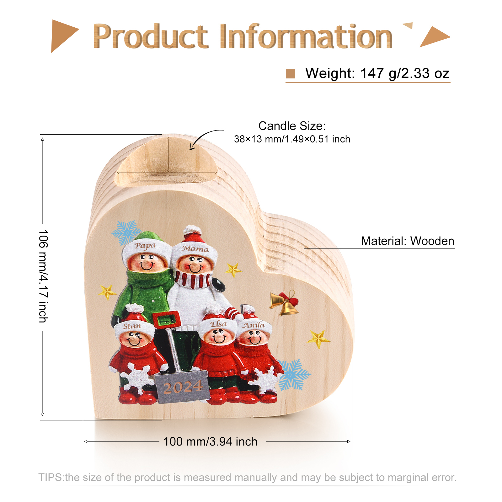 Personalisierte 5 Namen & Jahr Herz-Kerzenhalter – Weihnachtsgeschenk für die Familie