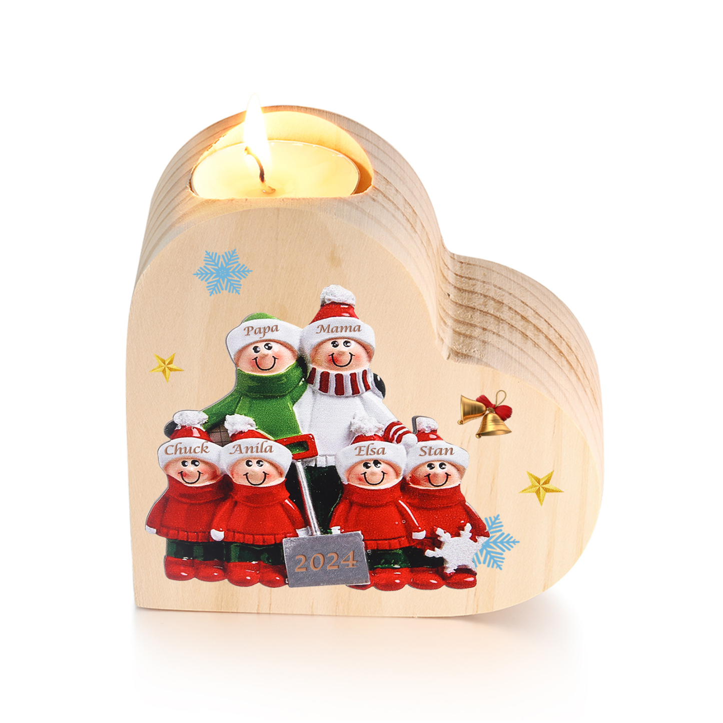 Personalisierte 6 Namen & Jahr Herz-Kerzenhalter – Weihnachtsgeschenk für die Familie