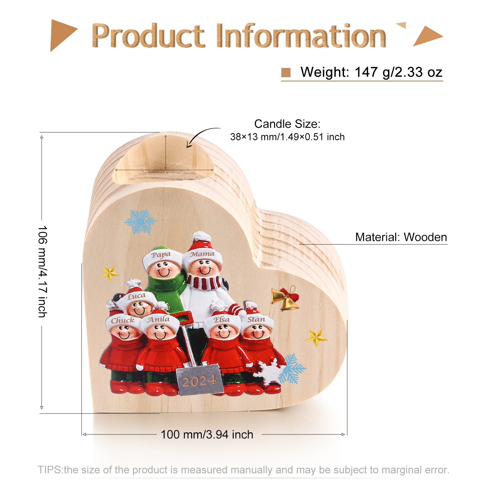Personalisierte 7 Namen & Jahr Herz-Kerzenhalter – Weihnachtsgeschenk für die Familie