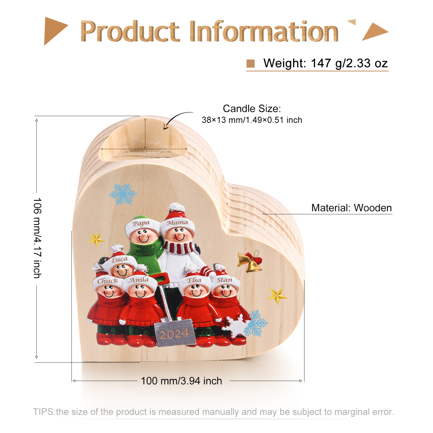 Personalisierte 7 Namen & Jahr Herz-Kerzenhalter – Weihnachtsgeschenk für die Familie