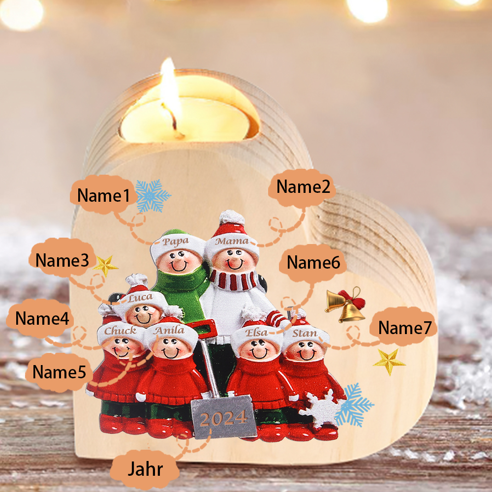 Personalisierte 7 Namen & Jahr Herz-Kerzenhalter – Weihnachtsgeschenk für die Familie