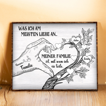 Personalisierte 2 Namen & Text Familienbaum Herz-Handgeste Holzbild Geschenk für Familie