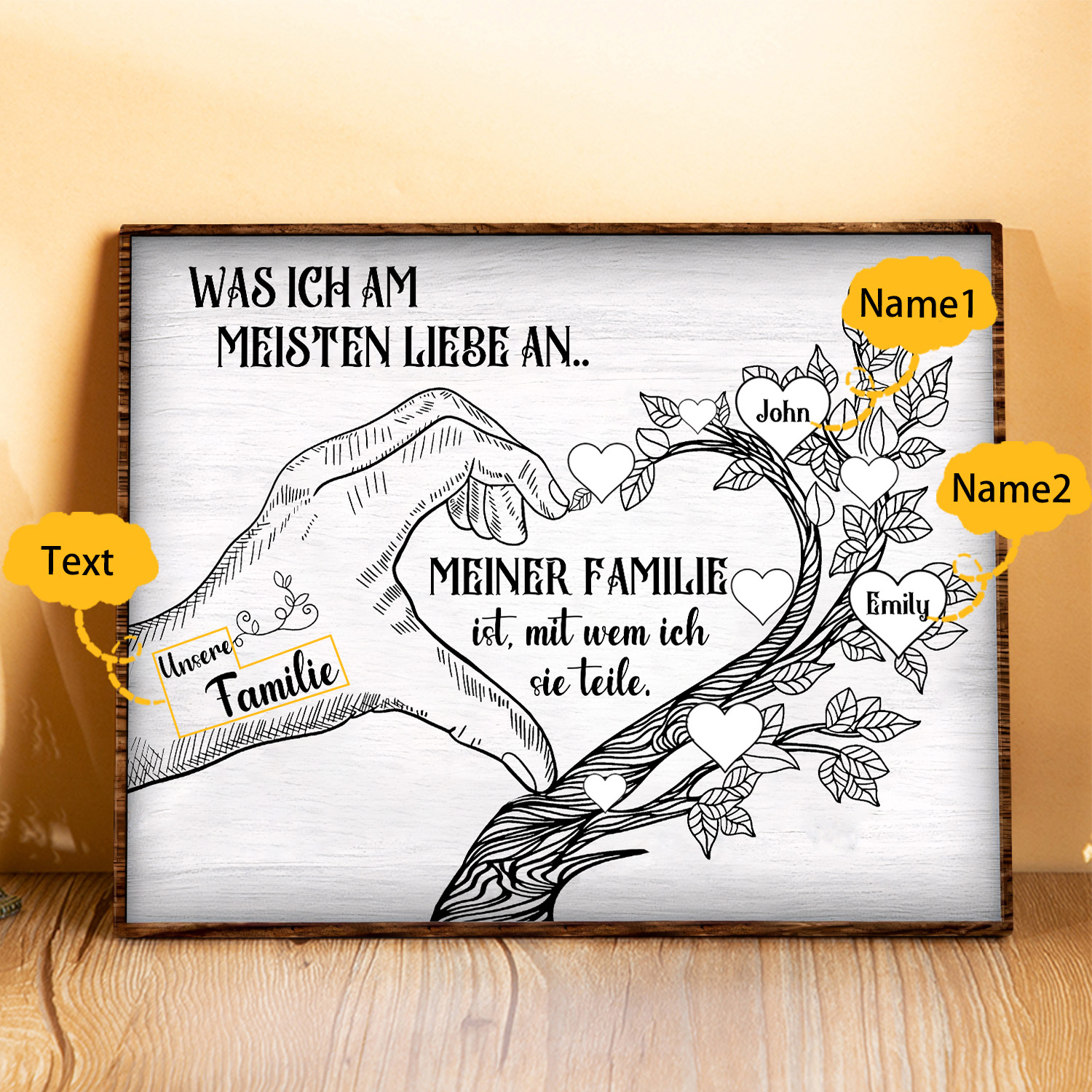 Personalisierte 2 Namen & Text Familienbaum Herz-Handgeste Holzbild Geschenk für Familie