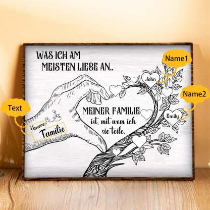 Personalisierte 2 Namen & Text Familienbaum Herz-Handgeste Holzbild Geschenk für Familie