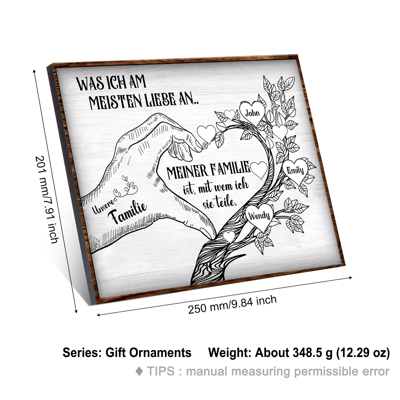 Personalisierte 3 Namen & Text Familienbaum Herz-Handgeste Holzbild Geschenk für Familie