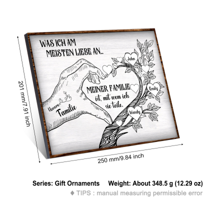 Personalisierte 3 Namen & Text Familienbaum Herz-Handgeste Holzbild Geschenk für Familie