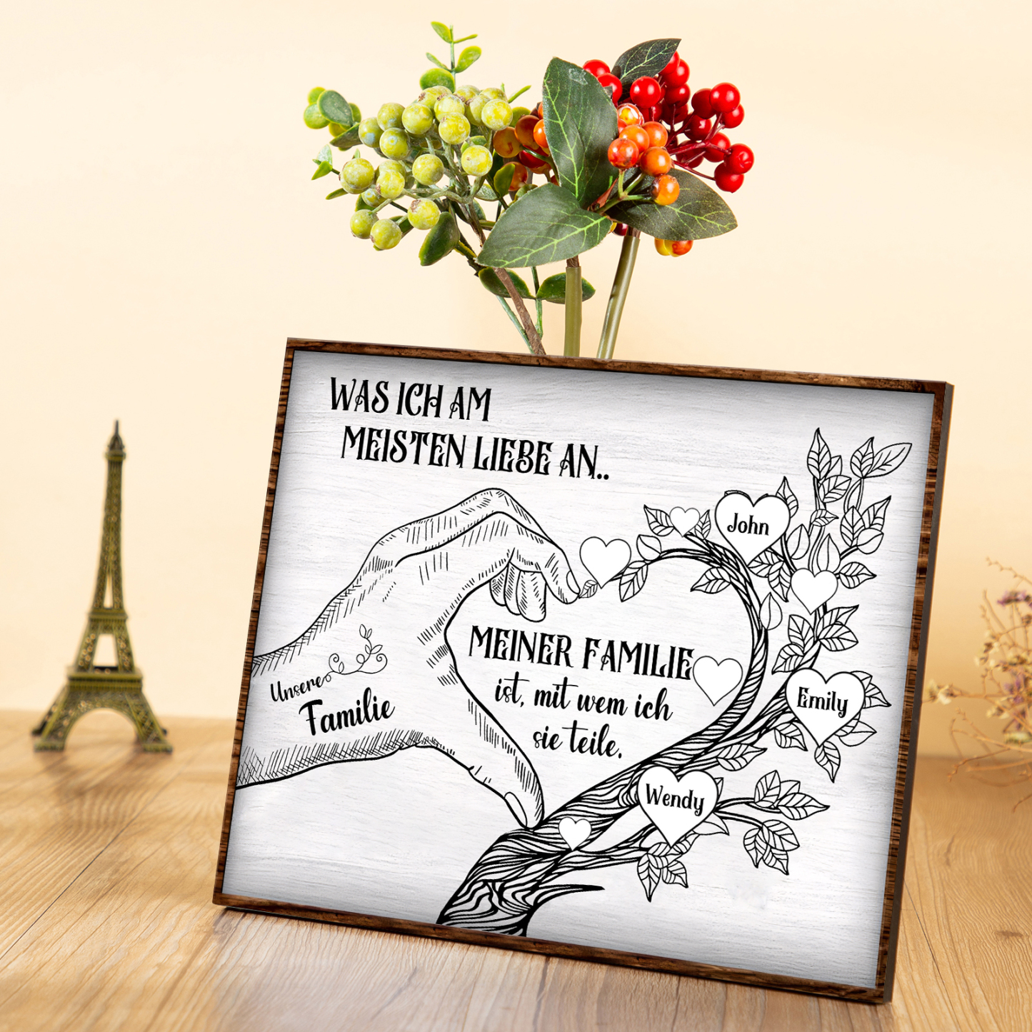 Personalisierte 3 Namen & Text Familienbaum Herz-Handgeste Holzbild Geschenk für Familie