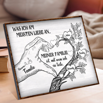 Personalisierte 3 Namen & Text Familienbaum Herz-Handgeste Holzbild Geschenk für Familie