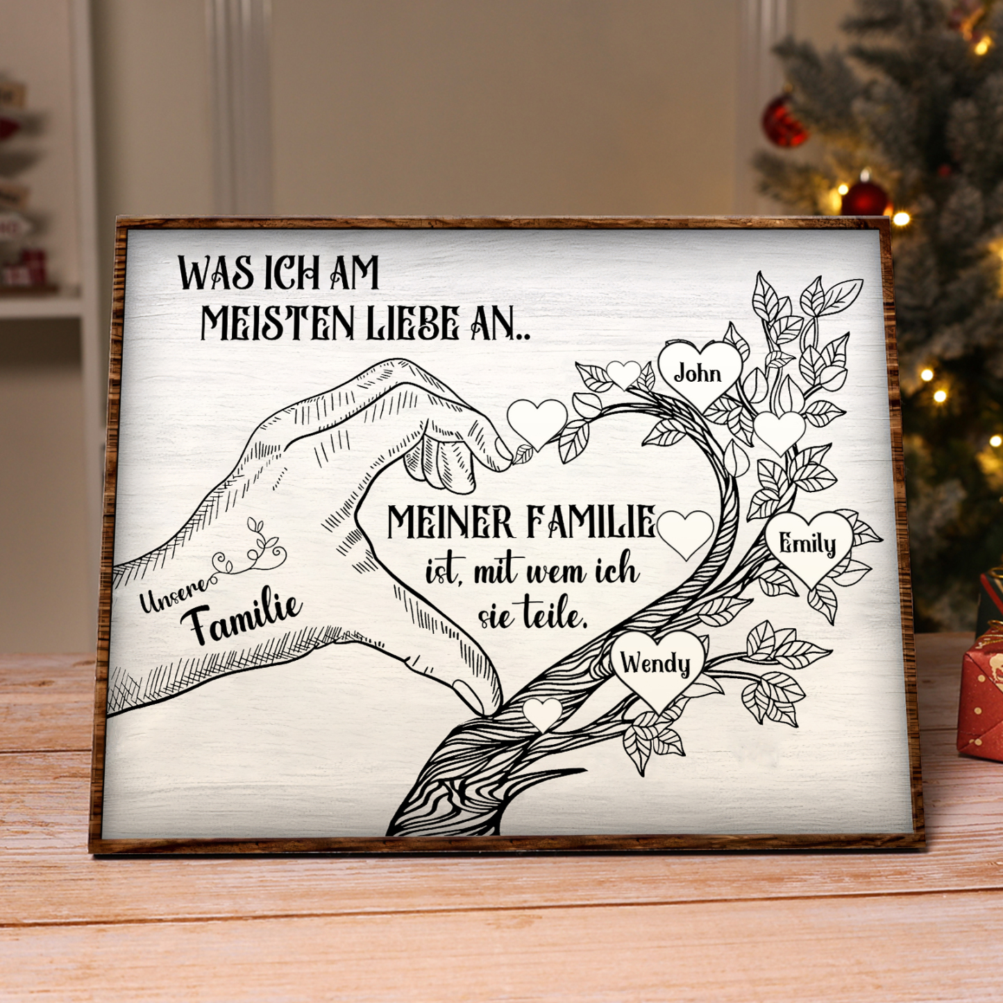 Personalisierte 3 Namen & Text Familienbaum Herz-Handgeste Holzbild Geschenk für Familie