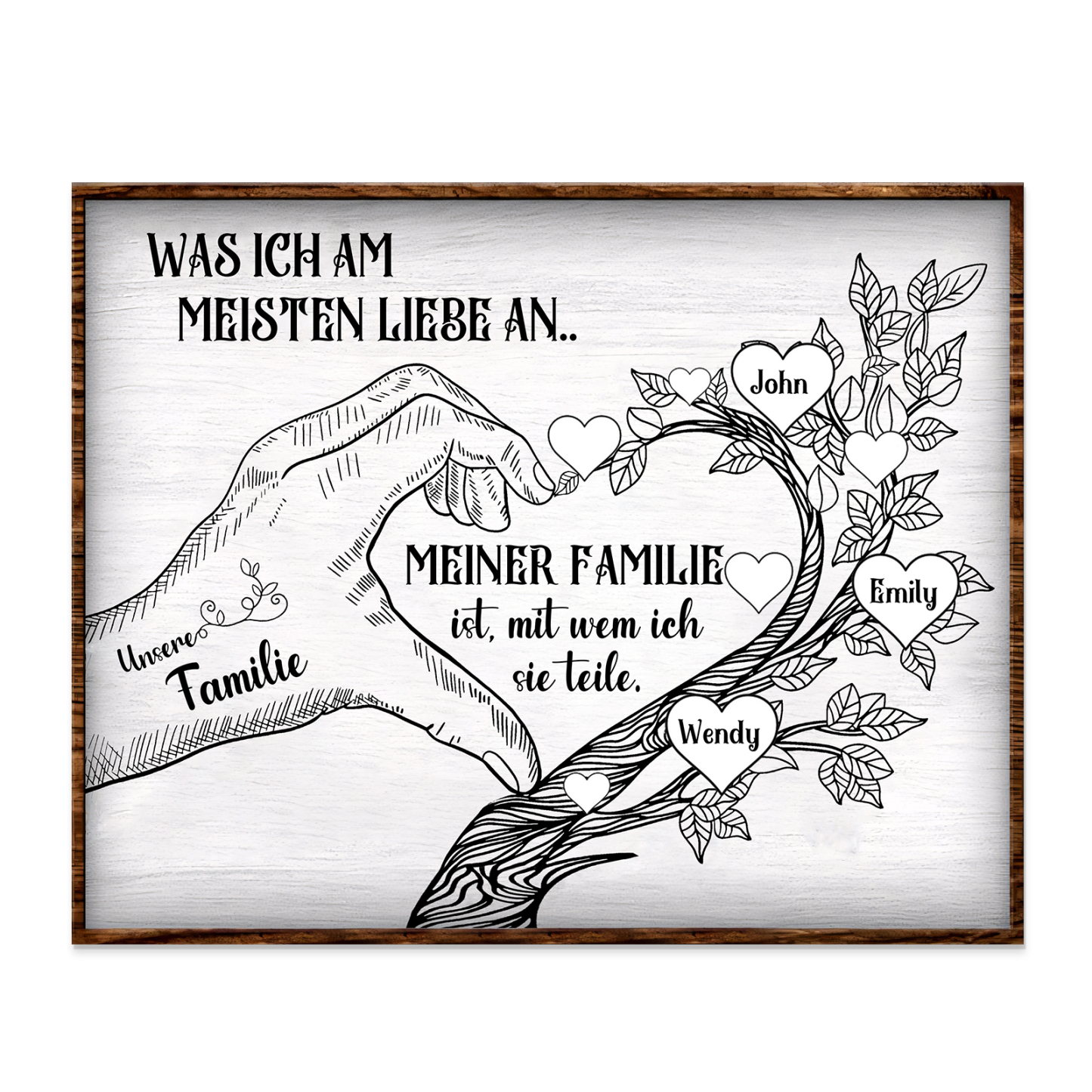 Personalisierte 3 Namen & Text Familienbaum Herz-Handgeste Holzbild Geschenk für Familie