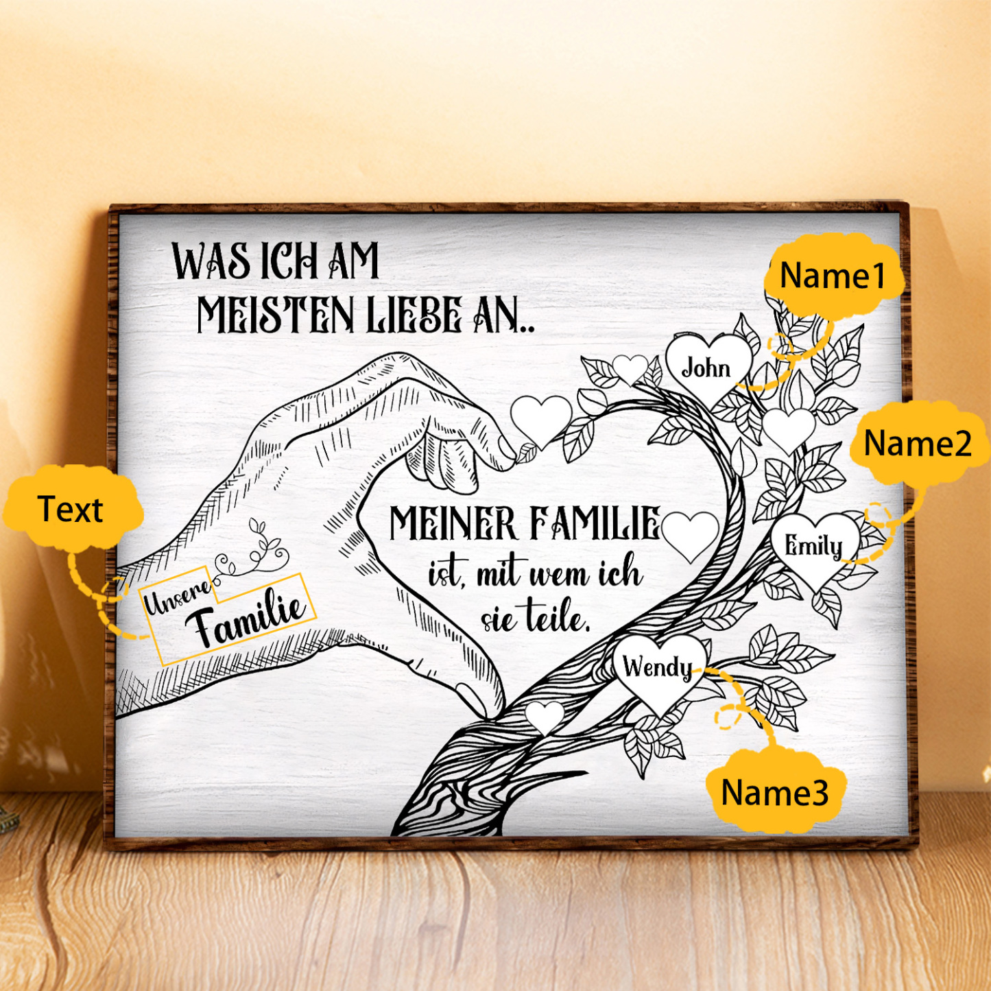 Personalisierte 3 Namen & Text Familienbaum Herz-Handgeste Holzbild Geschenk für Familie