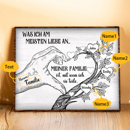 Personalisierte 3 Namen & Text Familienbaum Herz-Handgeste Holzbild Geschenk für Familie