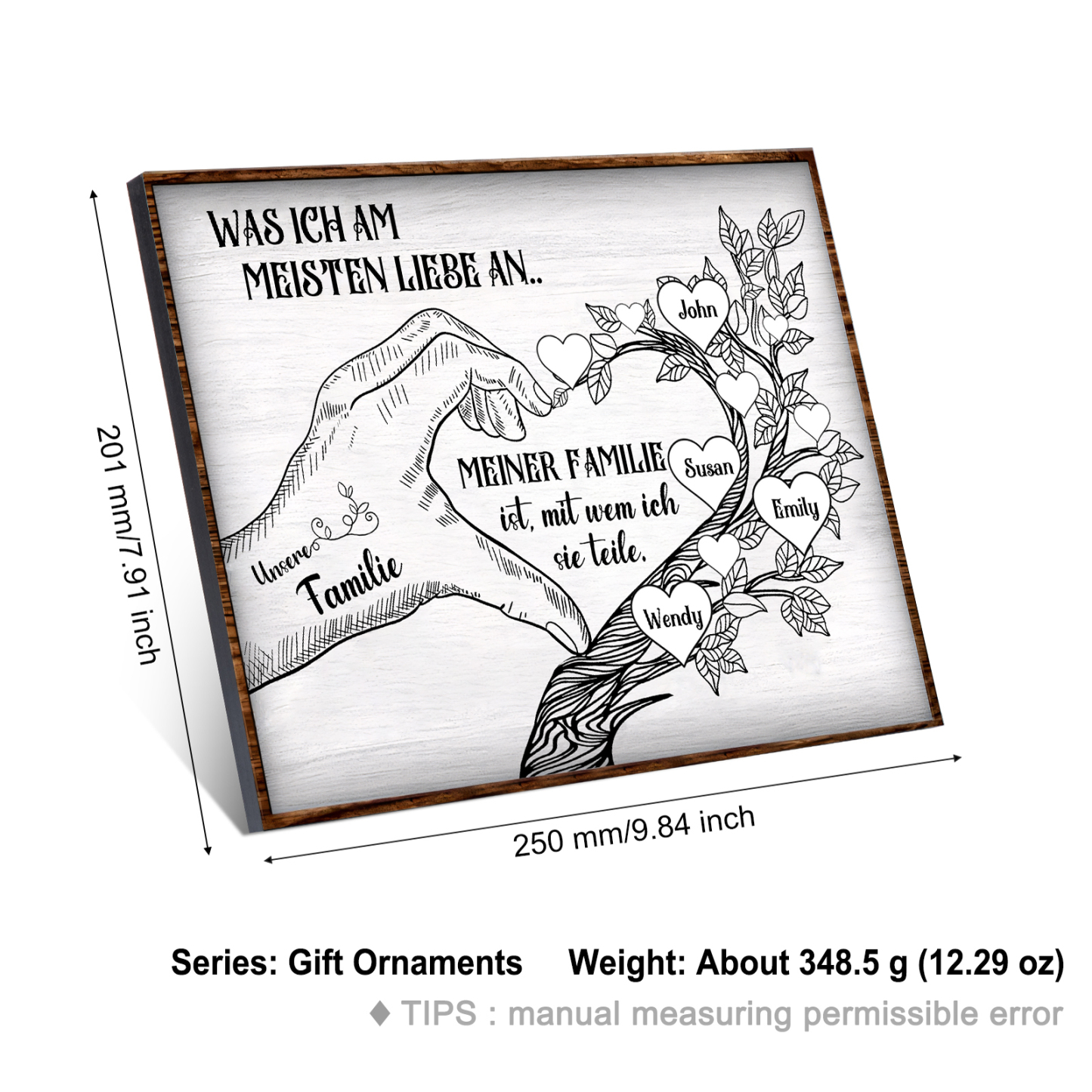 Personalisierte 4 Namen & Text Familienbaum Herz-Handgeste Holzbild Geschenk für Familie