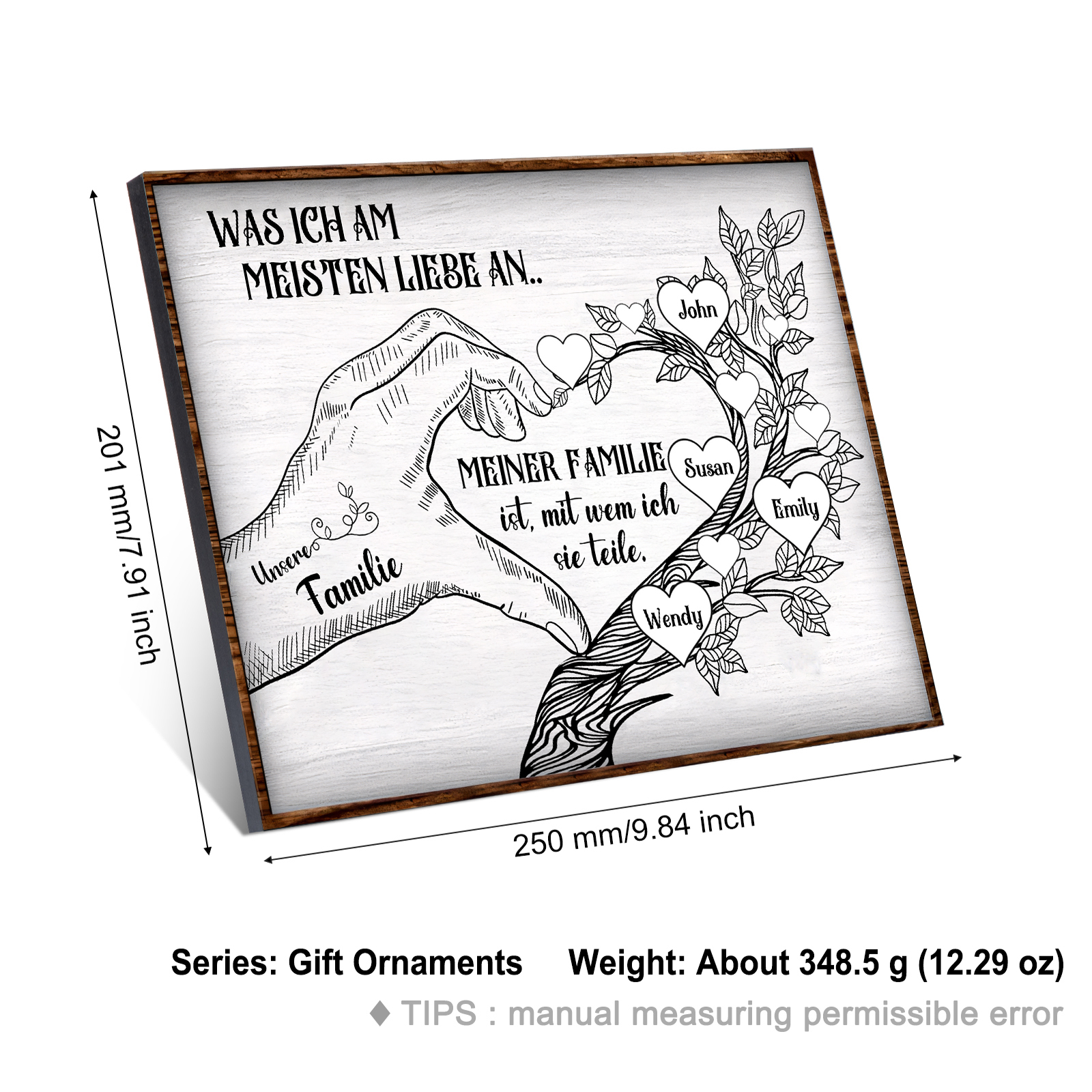 Personalisierte 4 Namen & Text Familienbaum Herz-Handgeste Holzbild Geschenk für Familie