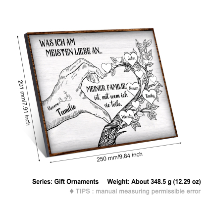 Personalisierte 4 Namen & Text Familienbaum Herz-Handgeste Holzbild Geschenk für Familie