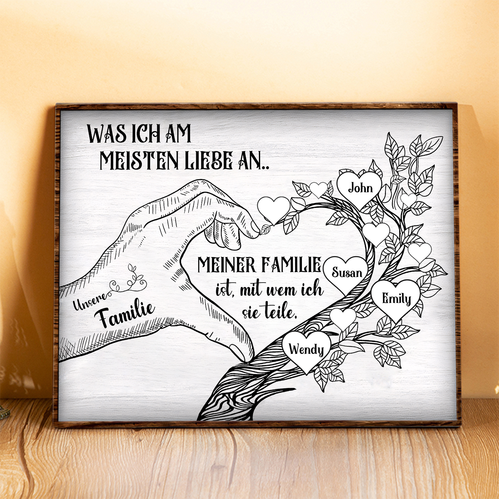 Personalisierte 4 Namen & Text Familienbaum Herz-Handgeste Holzbild Geschenk für Familie
