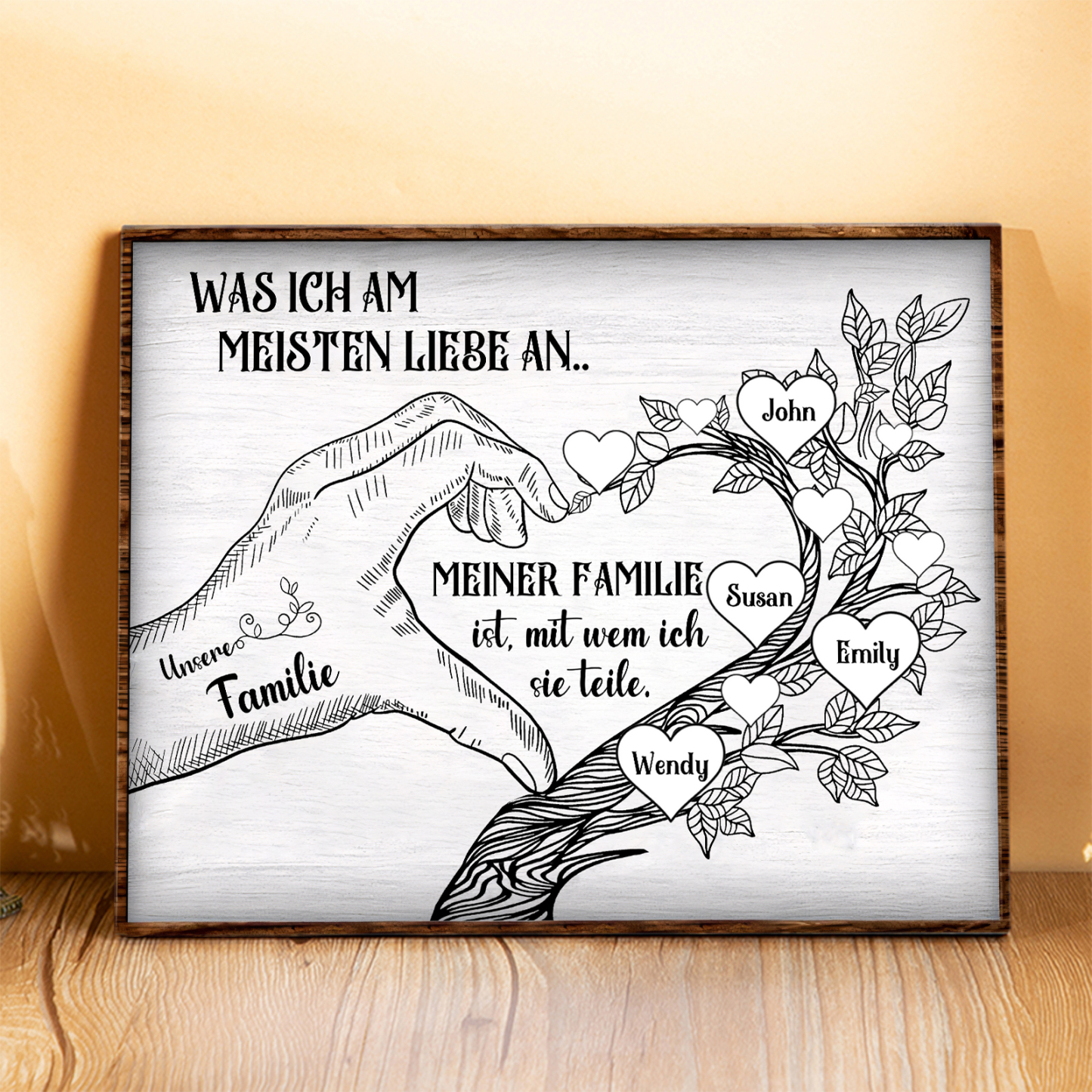Personalisierte 4 Namen & Text Familienbaum Herz-Handgeste Holzbild Geschenk für Familie