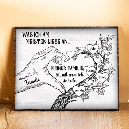 Personalisierte 4 Namen & Text Familienbaum Herz-Handgeste Holzbild Geschenk für Familie