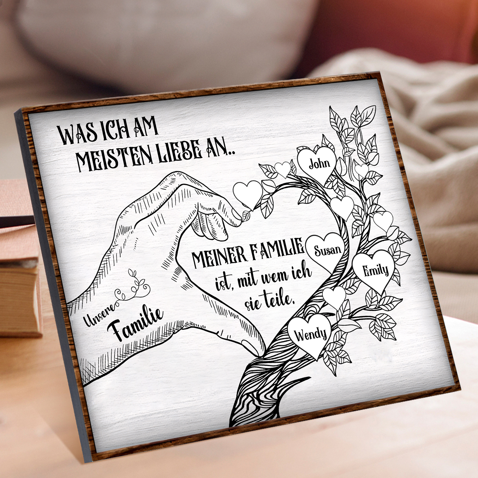 Personalisierte 4 Namen & Text Familienbaum Herz-Handgeste Holzbild Geschenk für Familie