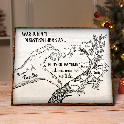 Personalisierte 4 Namen & Text Familienbaum Herz-Handgeste Holzbild Geschenk für Familie