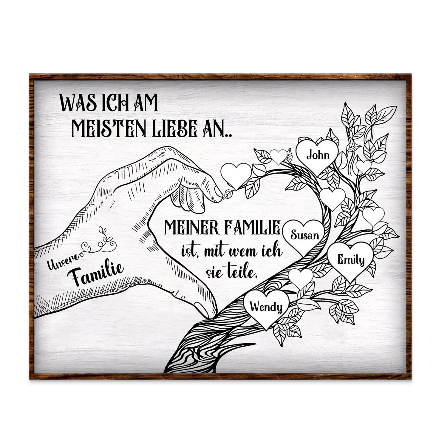 Personalisierte 4 Namen & Text Familienbaum Herz-Handgeste Holzbild Geschenk für Familie
