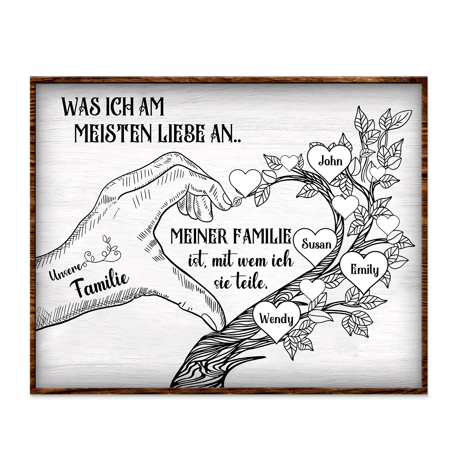 Personalisierte 4 Namen & Text Familienbaum Herz-Handgeste Holzbild Geschenk für Familie